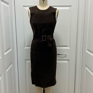 Sleeveless, belted, suede, sheath dress.